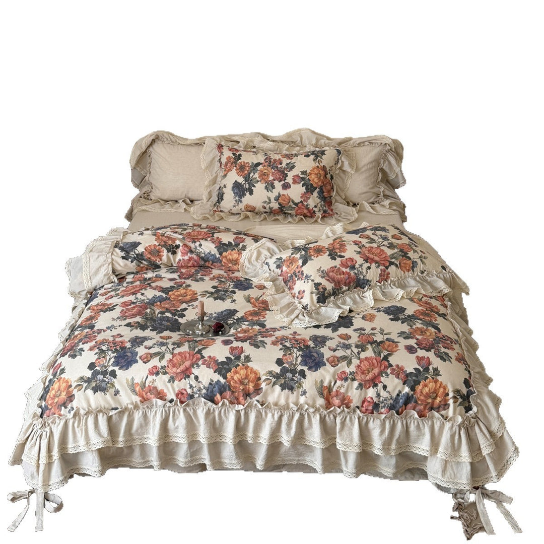 Floral Ruffled Cotton Duvet Cover Set with Lace Trim and Layered Bed Skirt