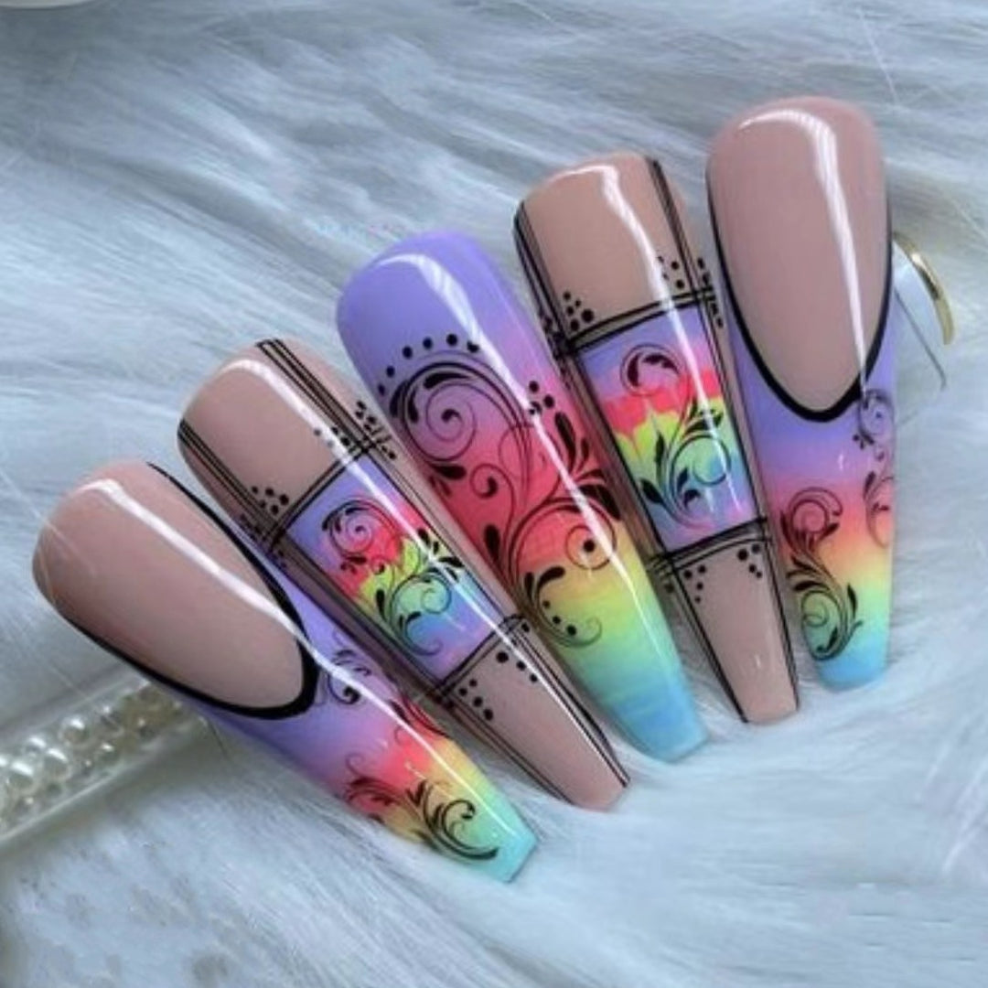 Fake nails with creative gradient colors and floral patterns Stornfield
