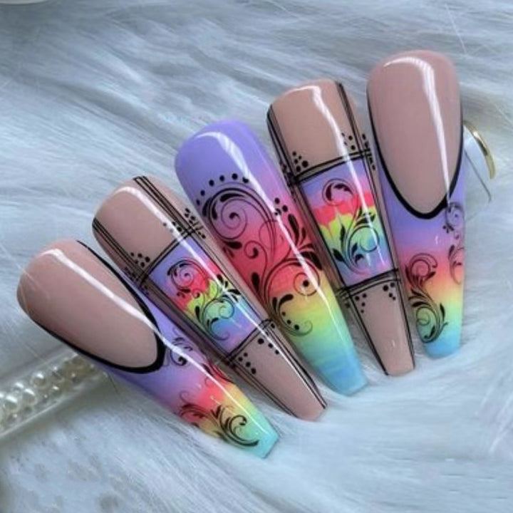 Fake nails with creative gradient colors and floral patterns Stornfield