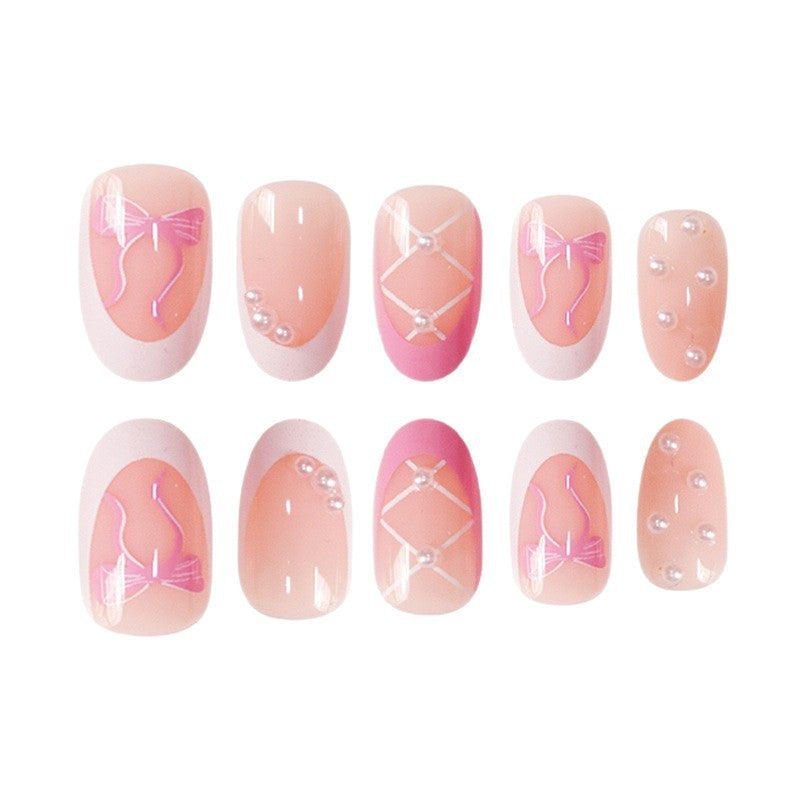 Elegant Decorative Press-On Nail Set with Bow and Pearl Accents Stornfield