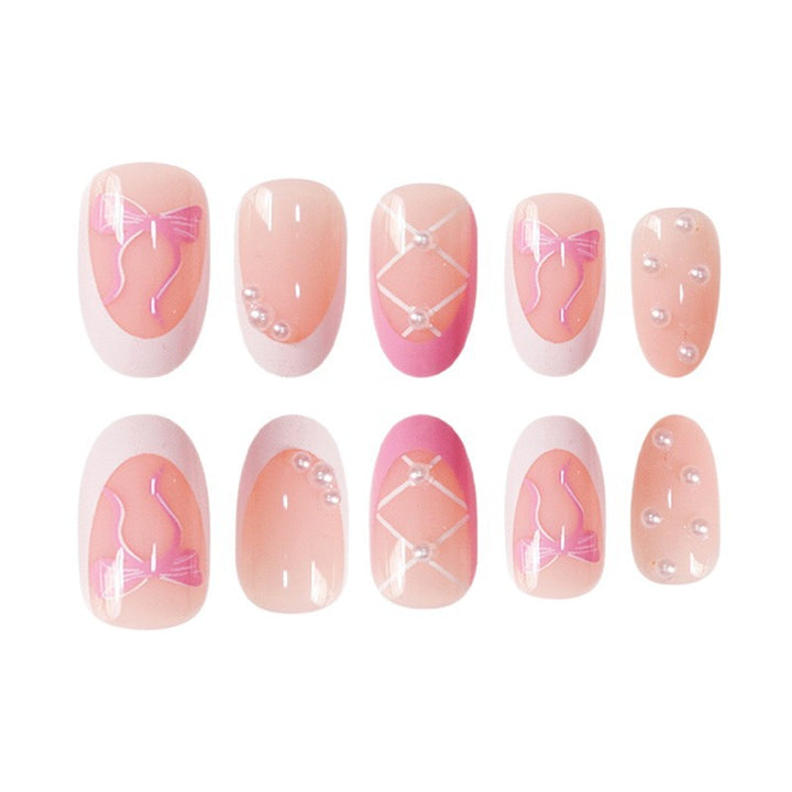 Elegant Decorative Press-On Nail Set with Bow and Pearl Accents Stornfield