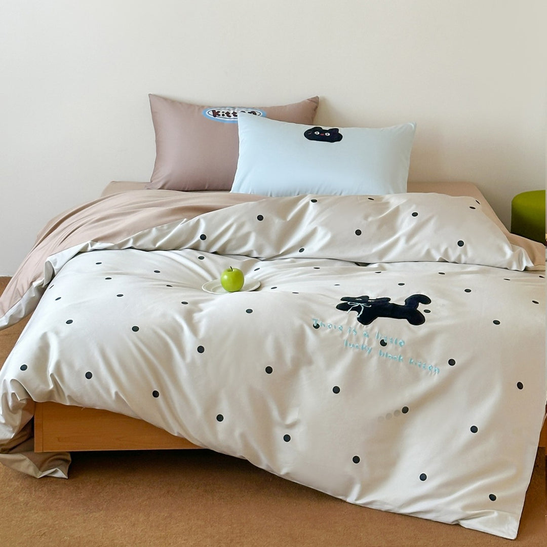 Polka Dot Embroidered Cotton Sateen Duvet Cover Set with Cute Black Cat Applique