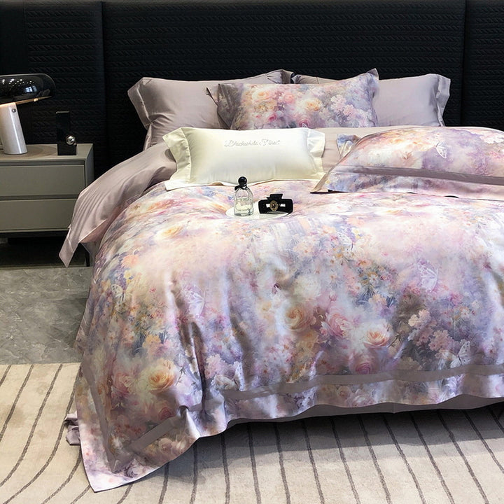 Satin-Feel Watercolor Floral Duvet Cover Set with Pillow Shams