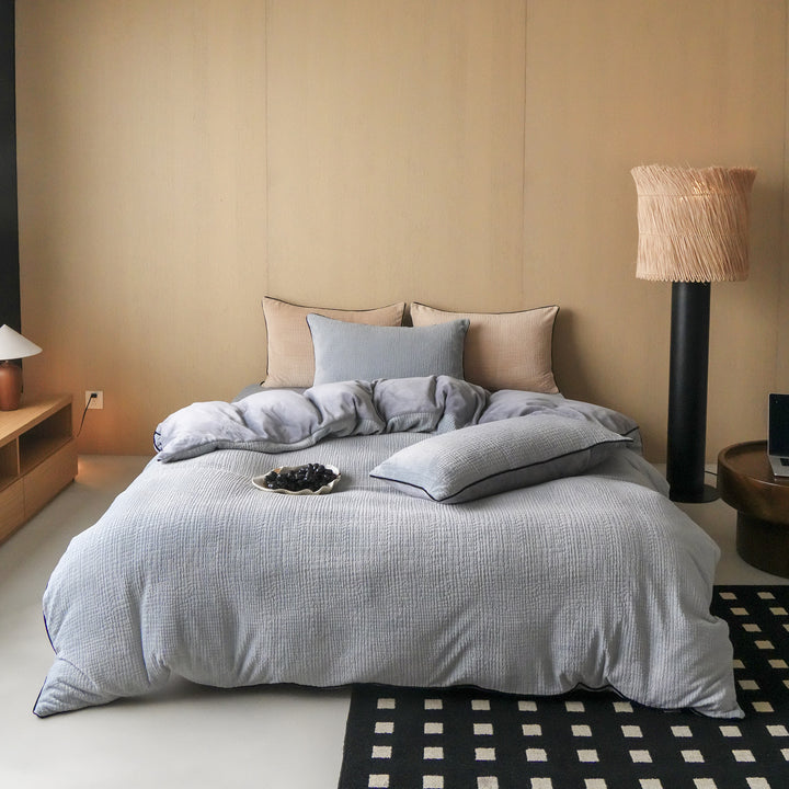 Quilted Textured Cotton Duvet Cover Set with Contrast Piping