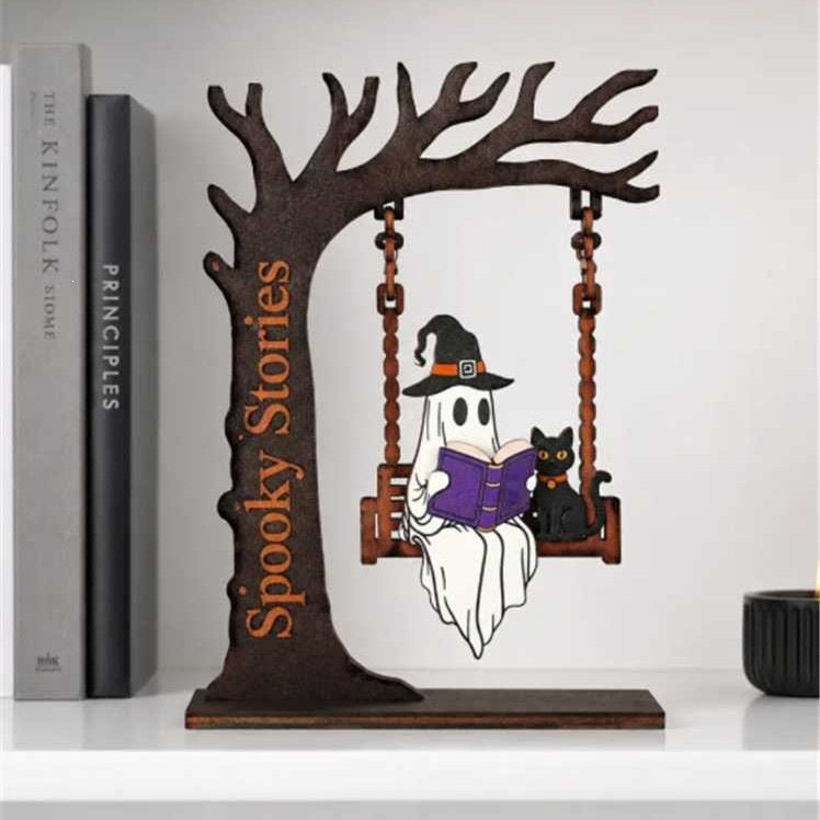 Whimsical Ghost and Cat Hanging Sign Sculpture Stornfield