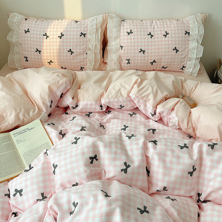 Gingham Cotton Duvet Cover Set with Black Bow Print and Ruffled Lace Sham
