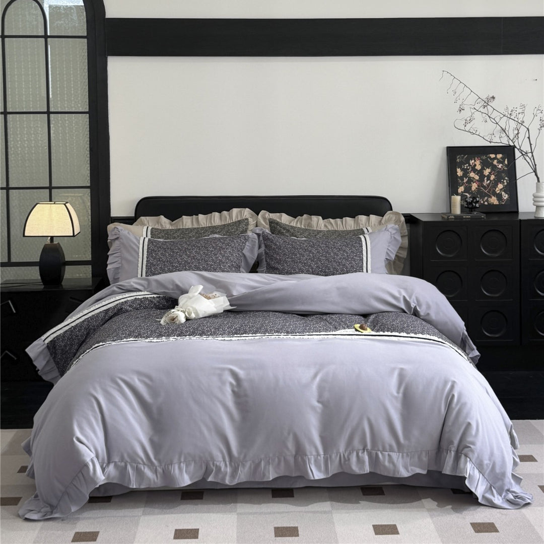 Ruffled-Edge Brushed Microfiber Duvet Cover Set with Center Floral Panel and Pillow Shams