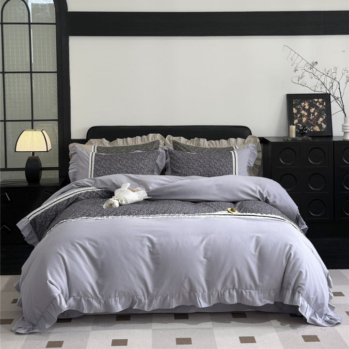 Ruffled-Edge Brushed Microfiber Duvet Cover Set with Center Floral Panel and Pillow Shams