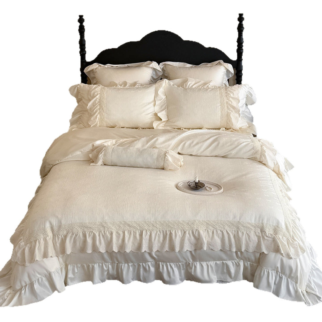 Vintage-Inspired Ruffled Eyelet Cotton Duvet Cover & Pillow Sham Ensemble