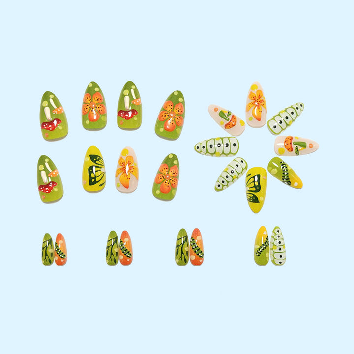 Artificial nails in forest style with floral and mushroom-shaped designs Stornfield