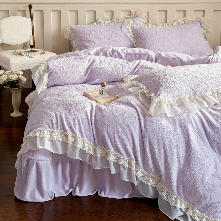 Quilted Jacquard Duvet Cover Set with Lace Ruffle and Decorative Pillow Shams