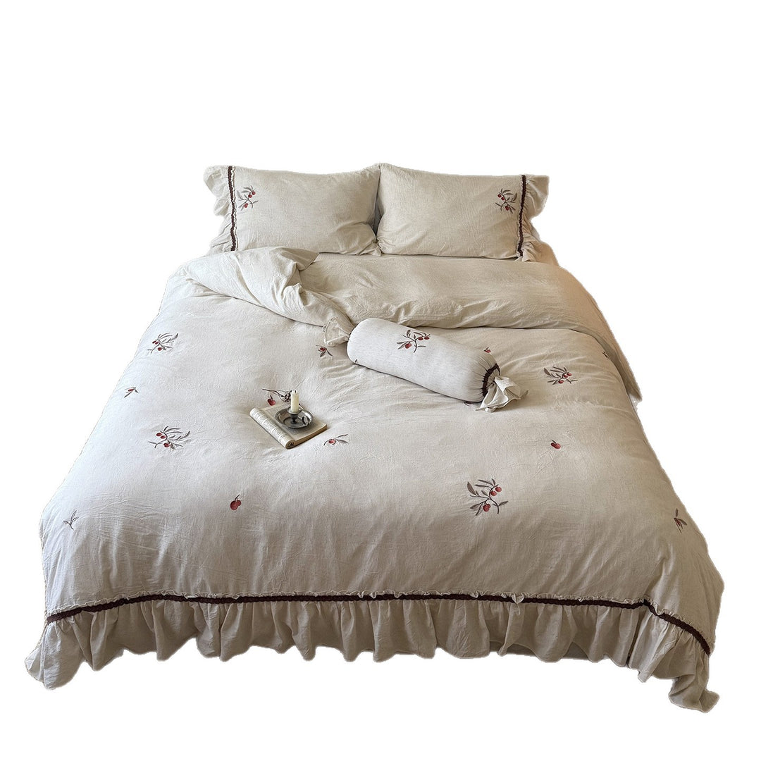 Embroidered Linen-Blend Ruffled Duvet Cover Set with Bolster and Shams