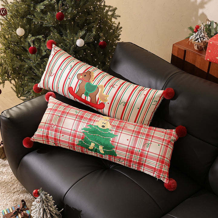 Long neck and decorative cushion with check pattern, dog Christmas tree application and pompom