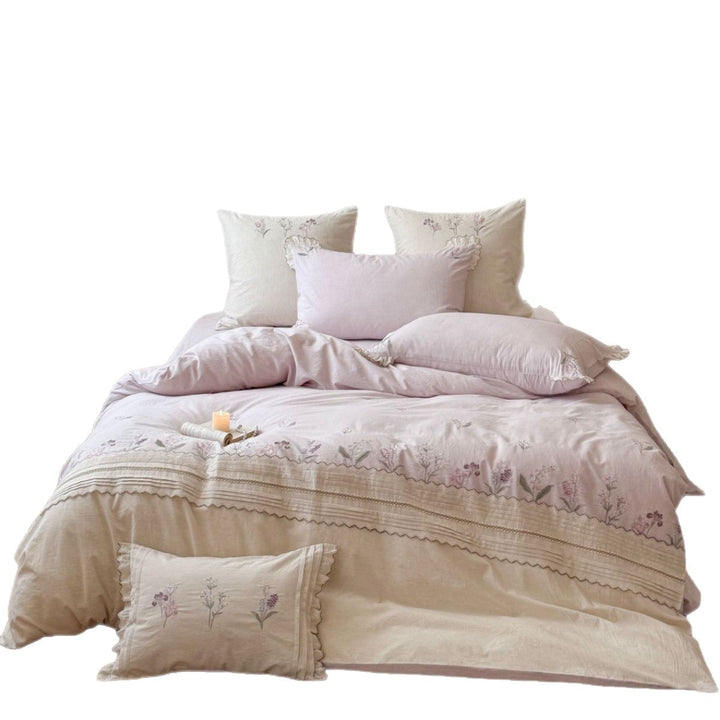 Embroidered Floral Linen-Cotton Duvet Cover Set with Ruffled Pillow Shams