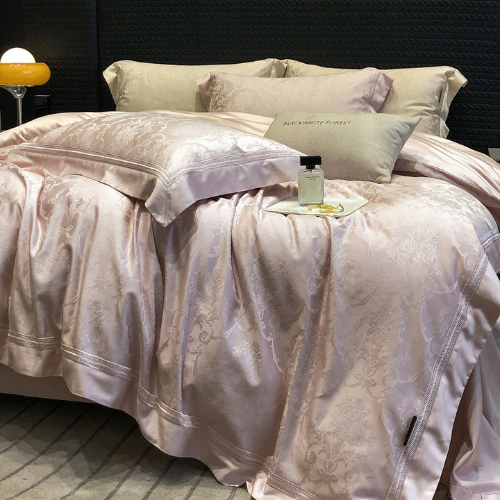 Premium cotton satin bedding set with structured matelassé border and hotel closure