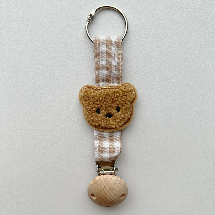 Embroidered Teddy Pacifier and Teether Clip with Wooden Safety Clamp