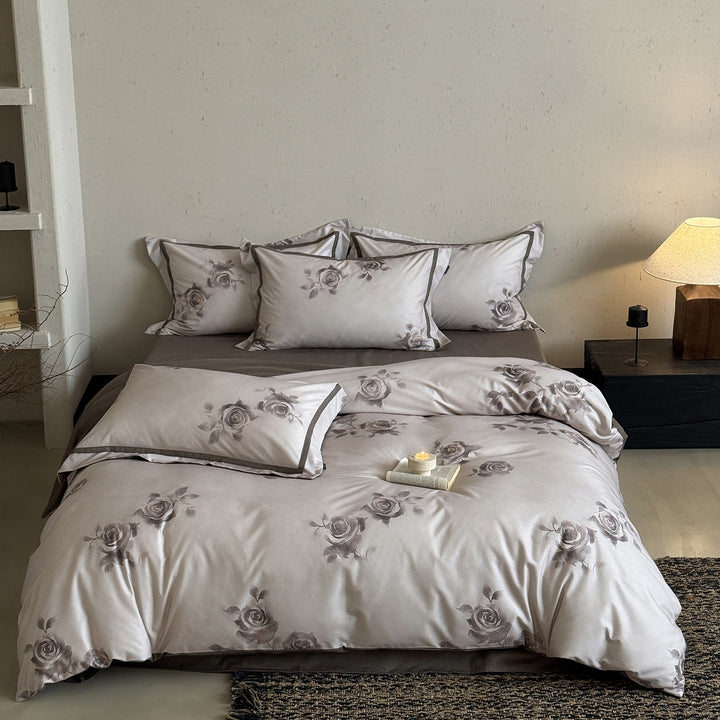 Luxury Botanical Watercolor Print Cotton Sateen Duvet Cover Set with Contrasting Hem and Euro Pillow Shams