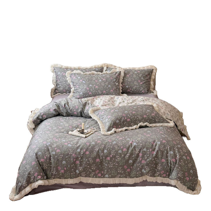 Ruffled Floral Cotton Duvet Cover Set with Frilled Edges