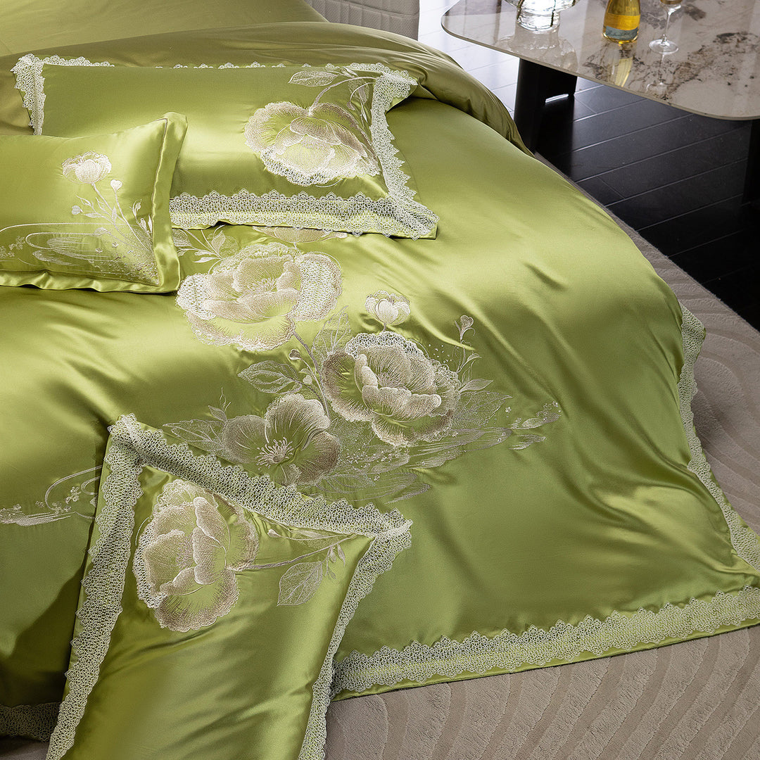 Satin Embroidered Floral Duvet Cover Set with Lace-Edged Pillow Shams