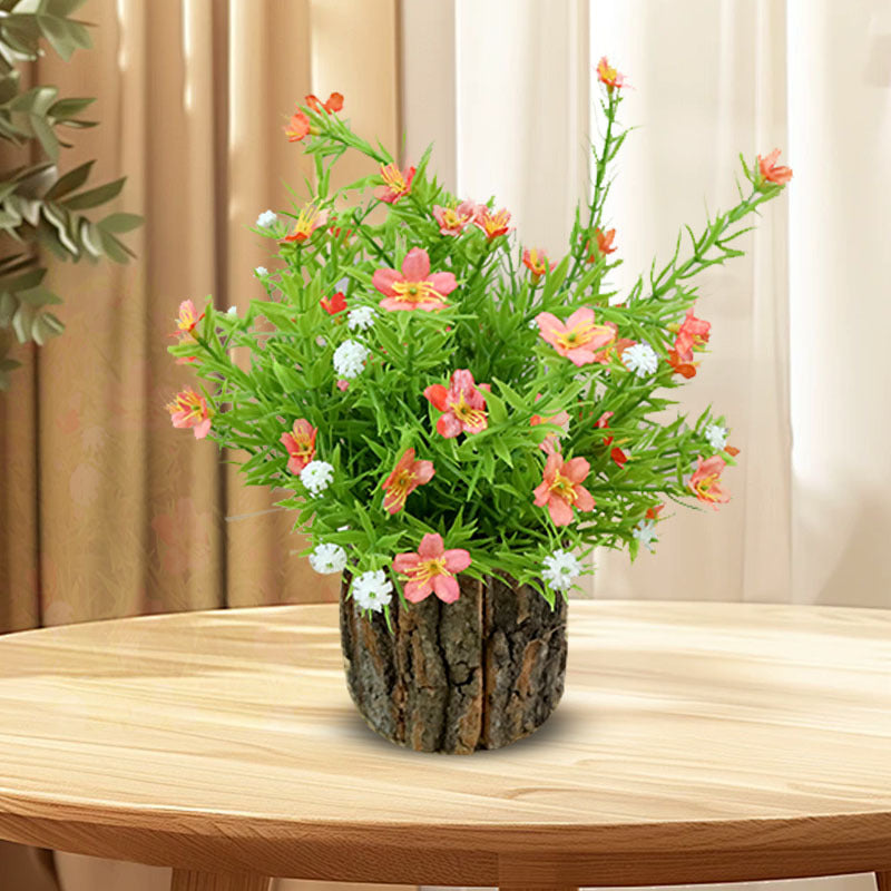 Lifelike Floral Arrangement with Rustic Wood Pot