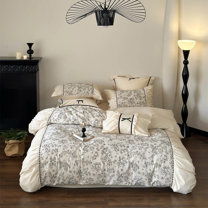 Luxury Floral Cotton Sateen Duvet Cover Set with Ruffled Pillow Shams