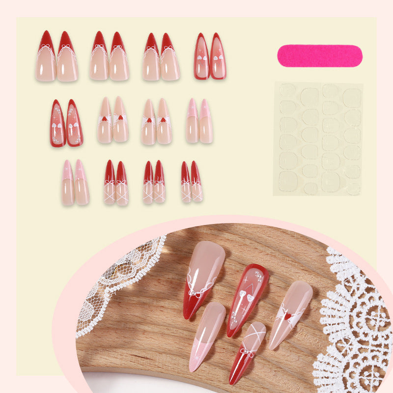 Decorative Press-On Nail Set with Heart and Ribbon Designs Stornfield