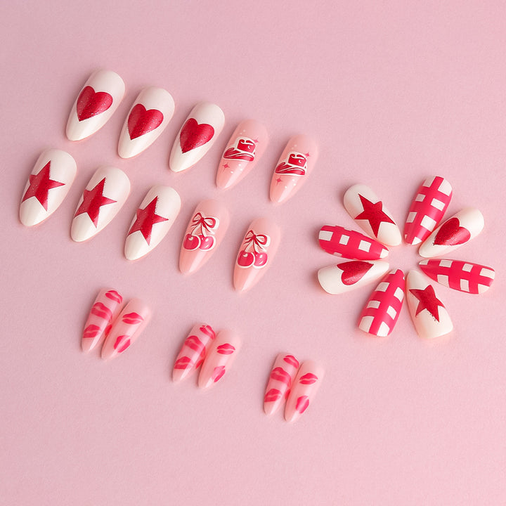 Artistic Press-On Nail Art Set with Heart and Star Designs Stornfield