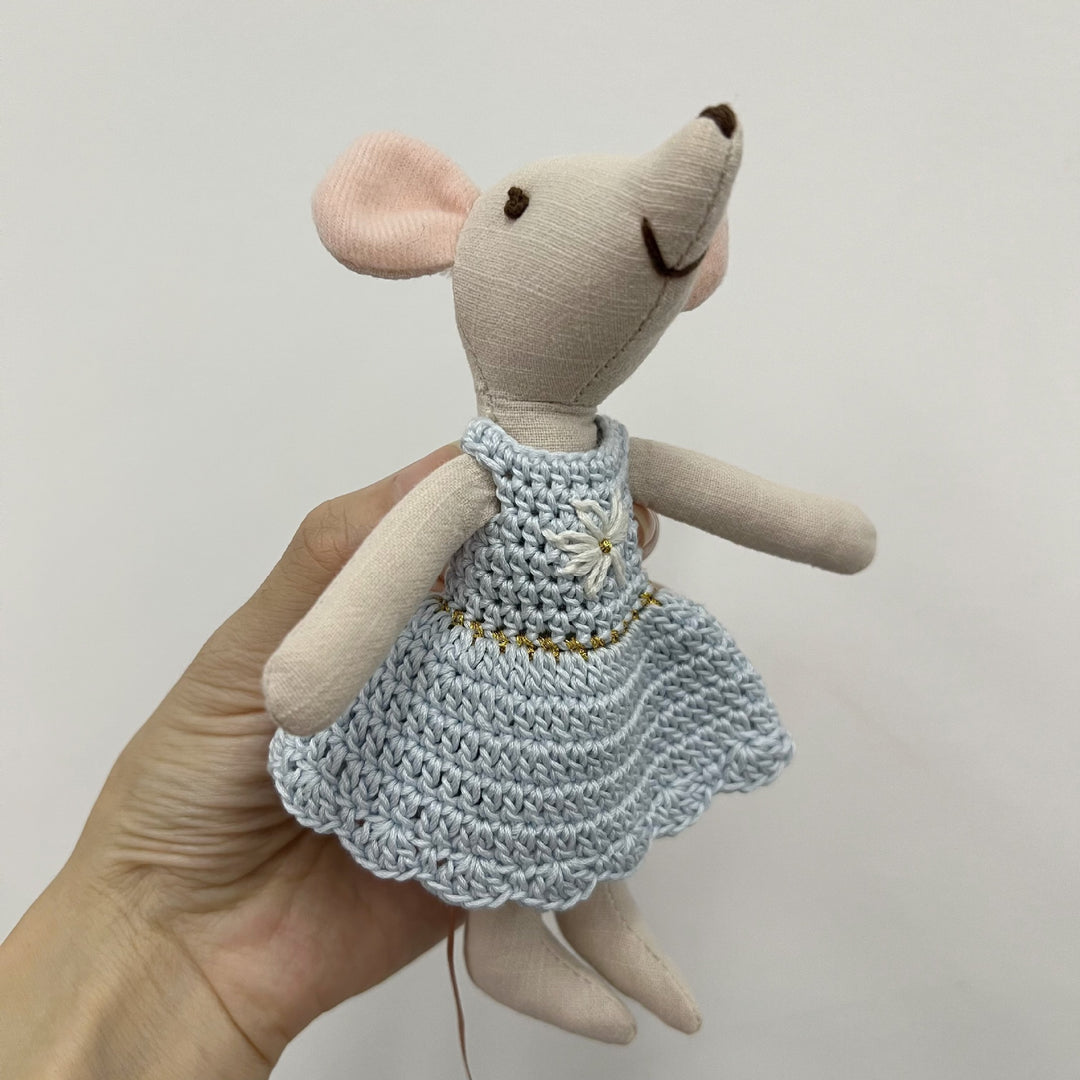 Handmade Linen Mouse Doll with Crocheted Dress and Embroidered Details