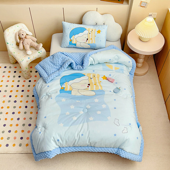 Plush Reversible Toddler Duvet Cover Set with Cute Sleeping Bear Print and Minky Dot Trim