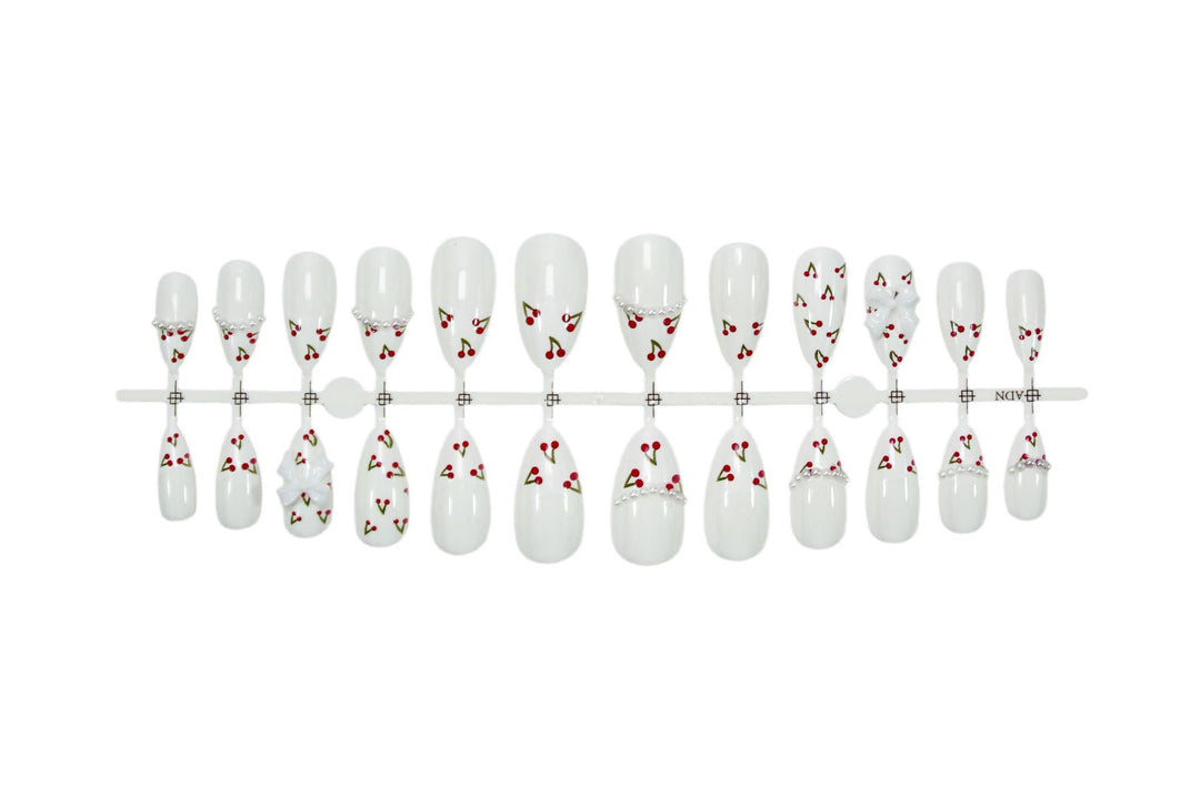 Artificial nail set with floral cherry motifs and elegant ribbons Stornfield