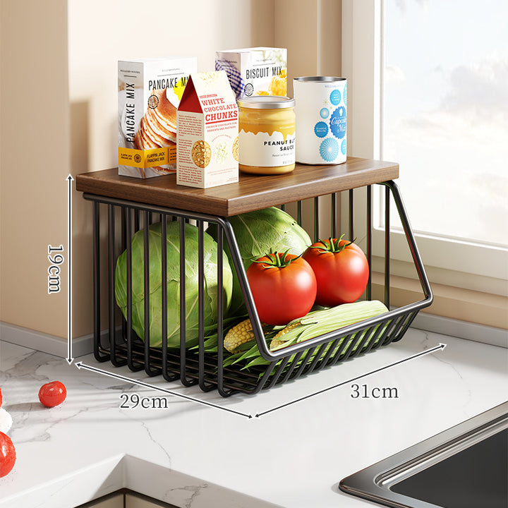Countertop Wooden-Top Metal Wire Produce Storage Basket with Front-Tilt Access