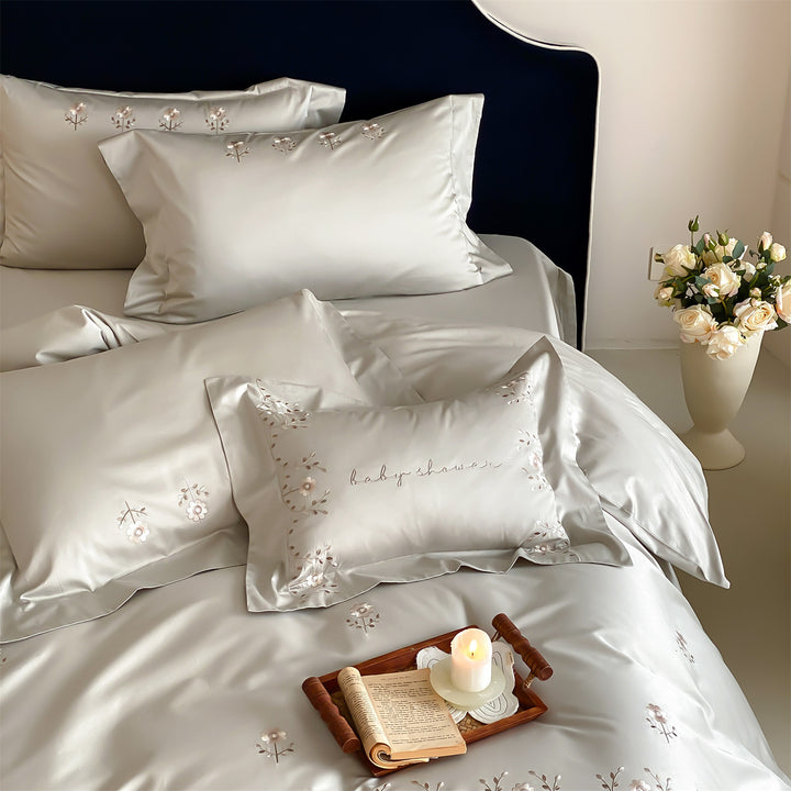 Embroidered Satin Duvet Cover Set with Delicate Floral Scroll