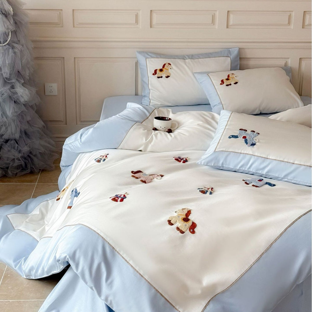 Embroidered Cotton Duvet Cover Set with Horse Appliqué