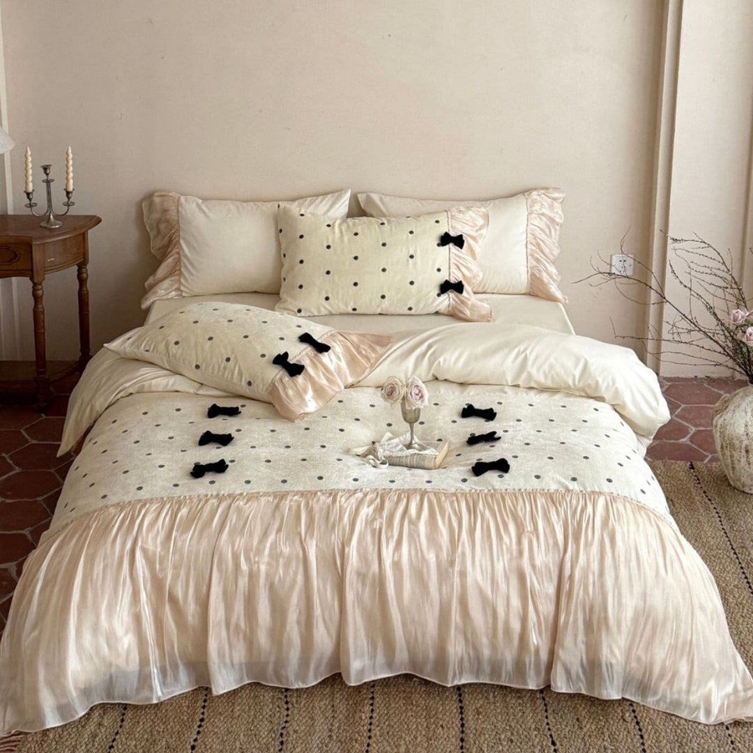Silky Ruffled Polka Dot Duvet Cover Set with Velvet Bow Accents