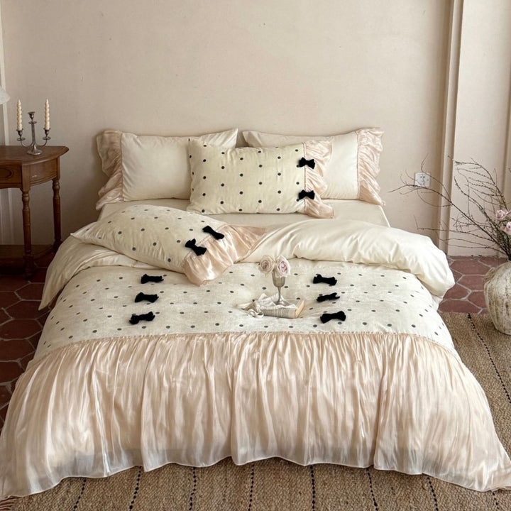 Silky Ruffled Polka Dot Duvet Cover Set with Velvet Bow Accents