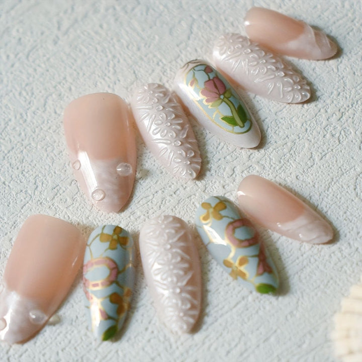 Artistic Floral and Gemstone Press-On Nail Set Stornfield