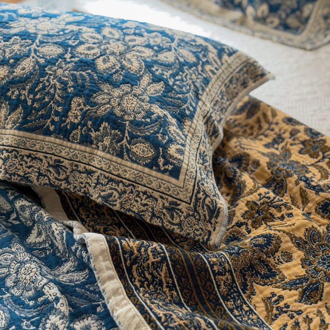 Handcrafted Floral Kantha-Style Cotton Quilt Bedspread with Matching Pillow Shams