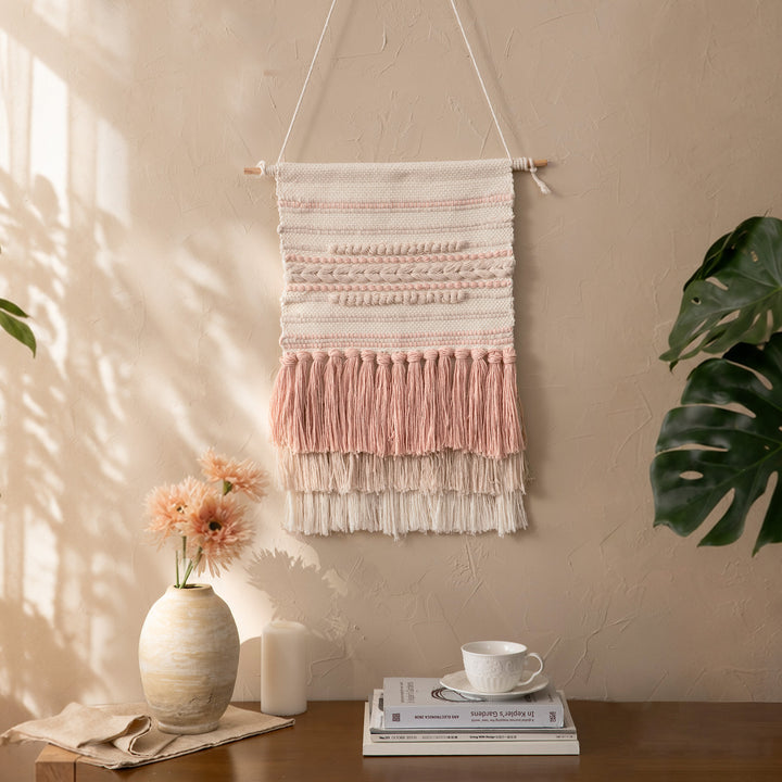 Macrame Wall Hanging with Fringe, hand-knotted cotton texture
