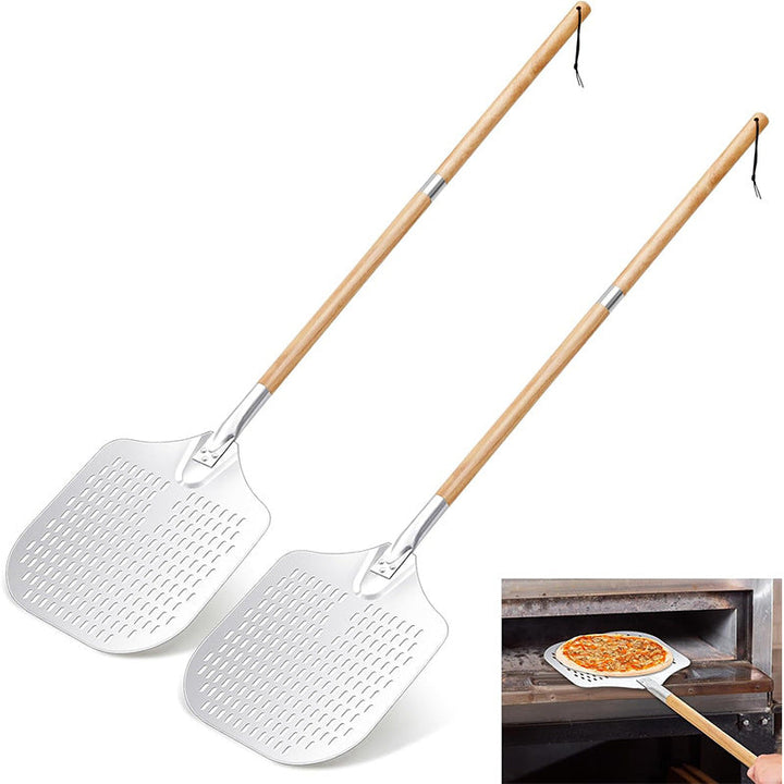 long-handled perforated pizza peel set with wooden handle stainless steel cutter and triangle server Stornfield