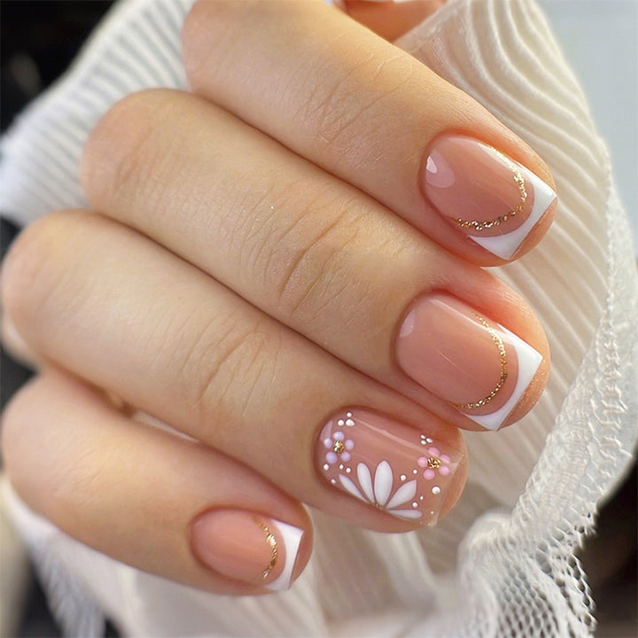Artificial nail set with colorful flowers and creative French design Stornfield