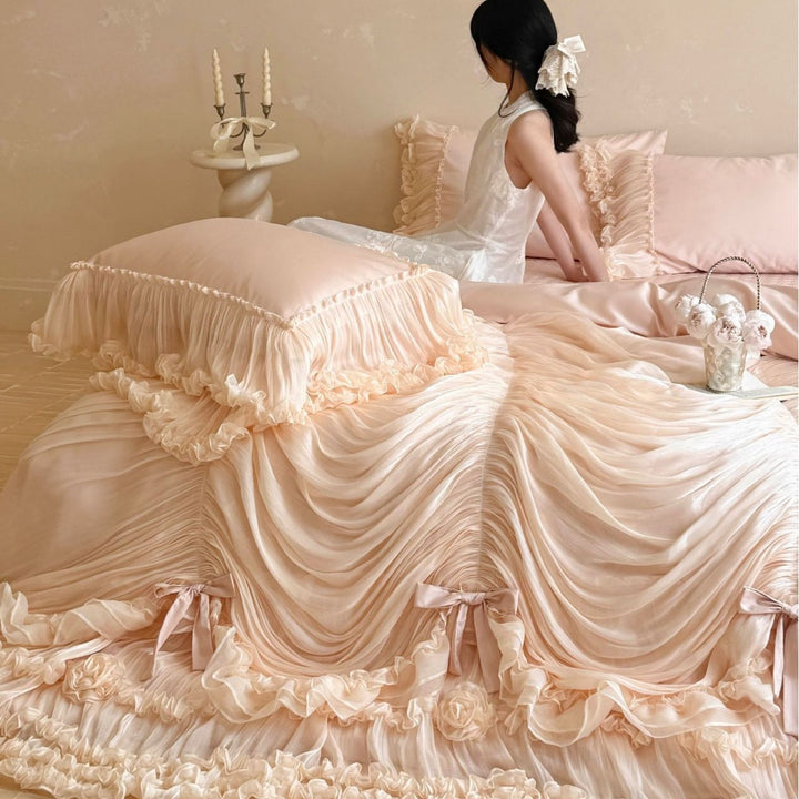 Luxury Ruched Chiffon Ruffled Duvet Cover Set with Bow & Rosette Embellishments