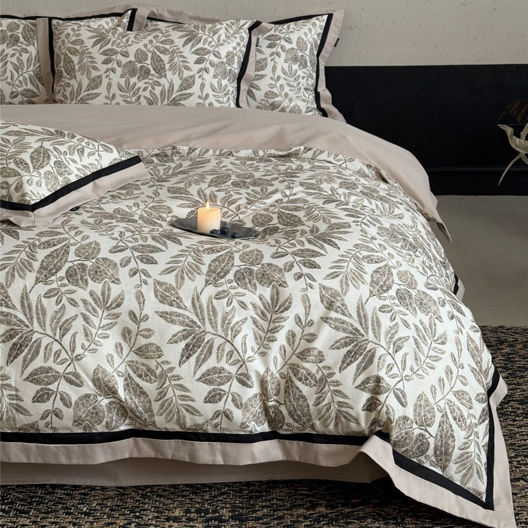 Botanical-Illustration Cotton Sateen Duvet Cover Set with Piped Border & Oxford Shams