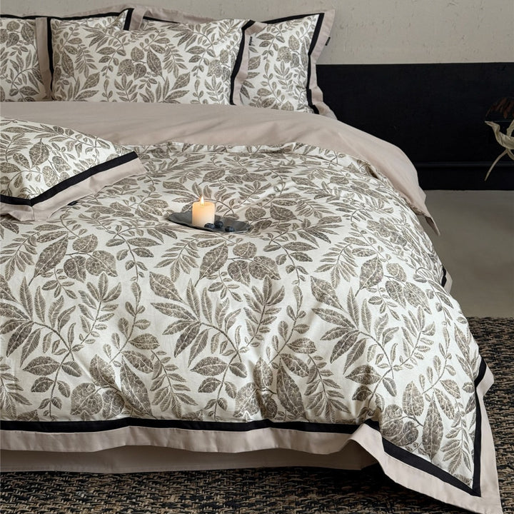 Botanical-Illustration Cotton Sateen Duvet Cover Set with Piped Border & Oxford Shams