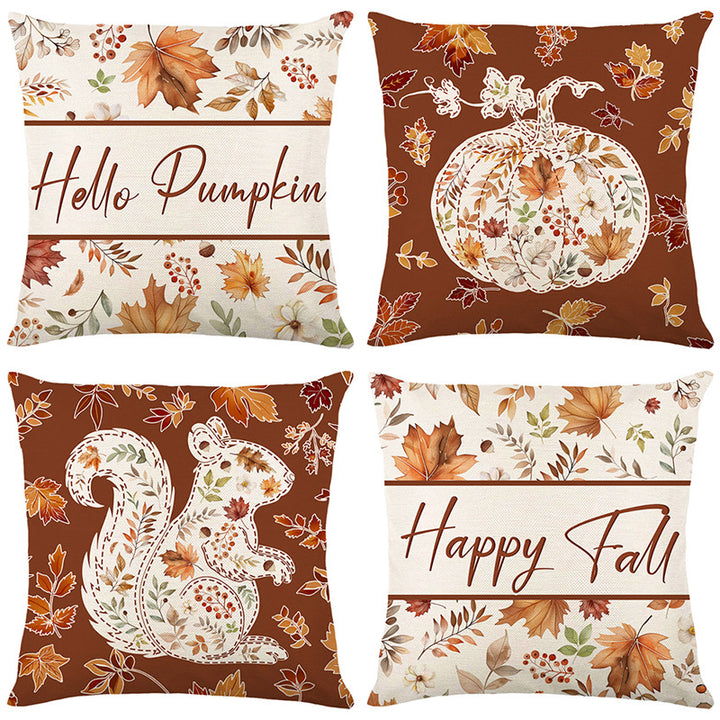 Square Cotton-Linen Autumn Botanical Pumpkin Accent Pillow Cover with Concealed Zipper