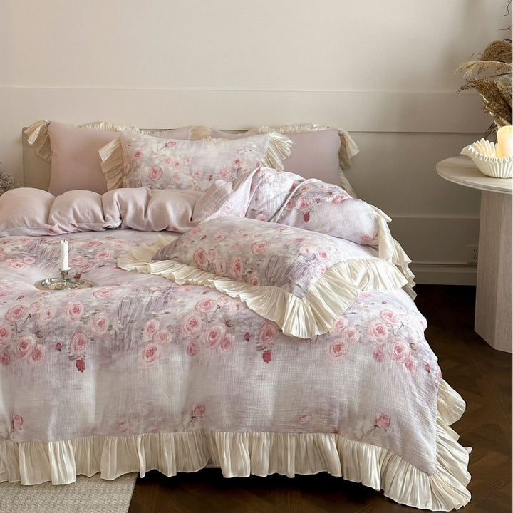 Romantic bedding set with floral watercolor look, ruffles and satin trim