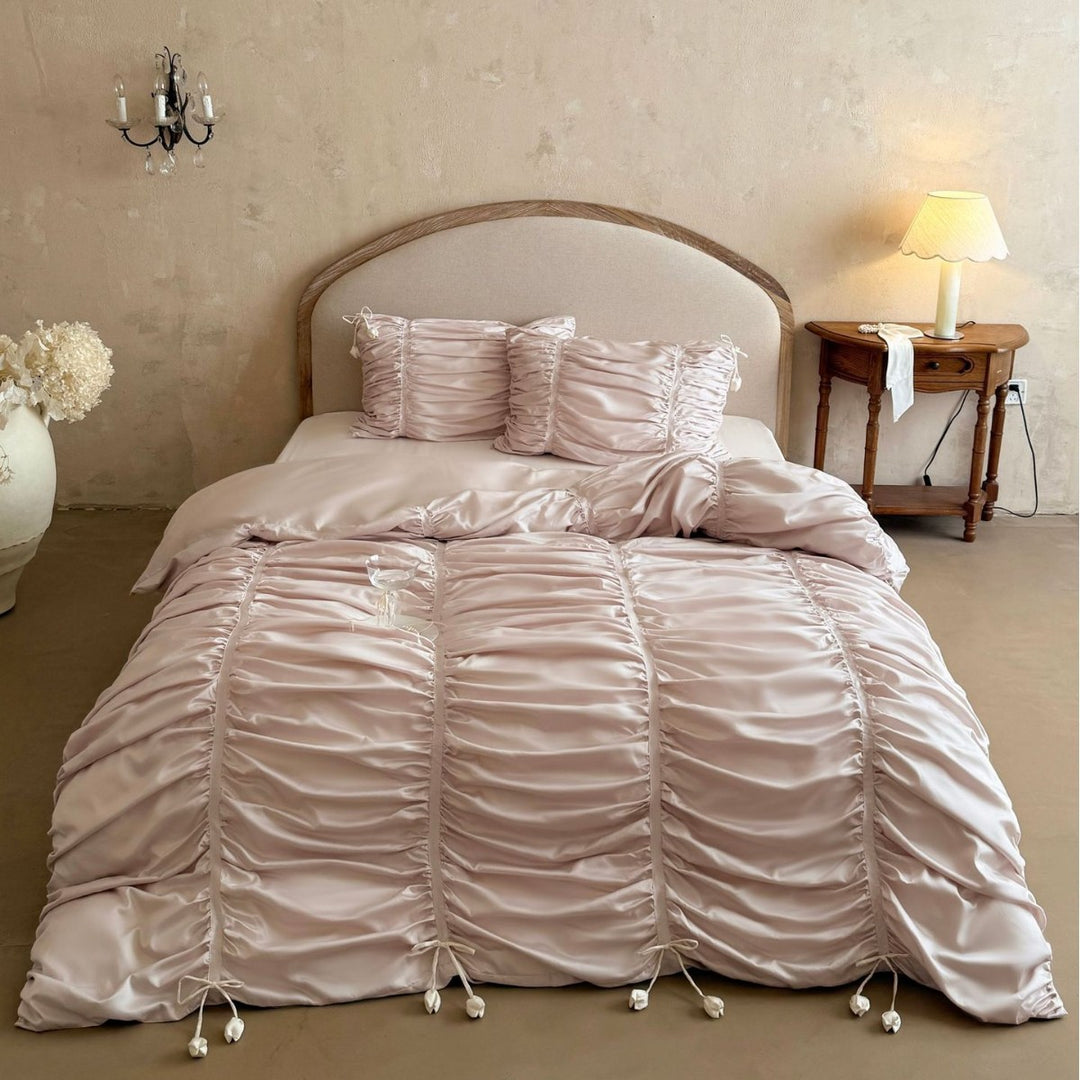 Ruched Satin Duvet Cover Set with Drawstring Rosette Accents and Matching Pillow Shams