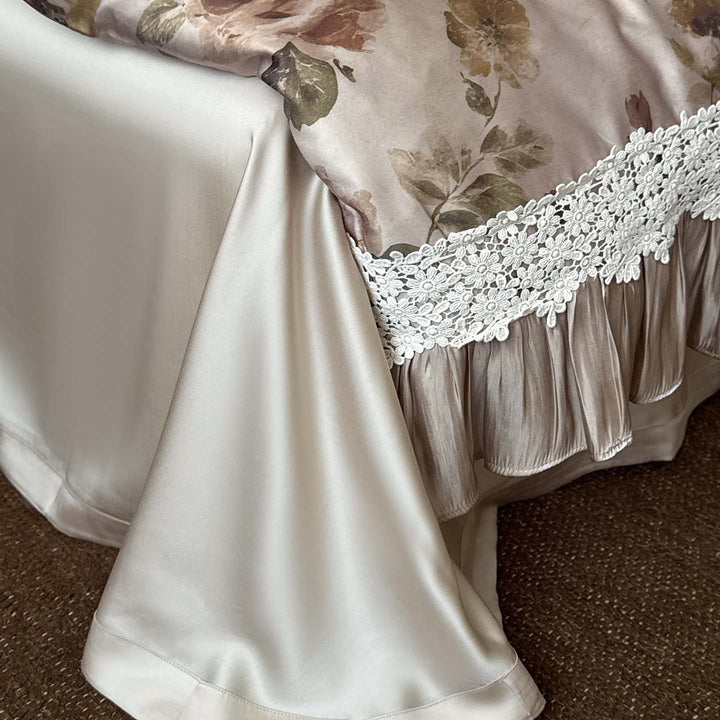 Satin Floral Ruffled Duvet Cover Set with Lace Trim and Pillow Shams