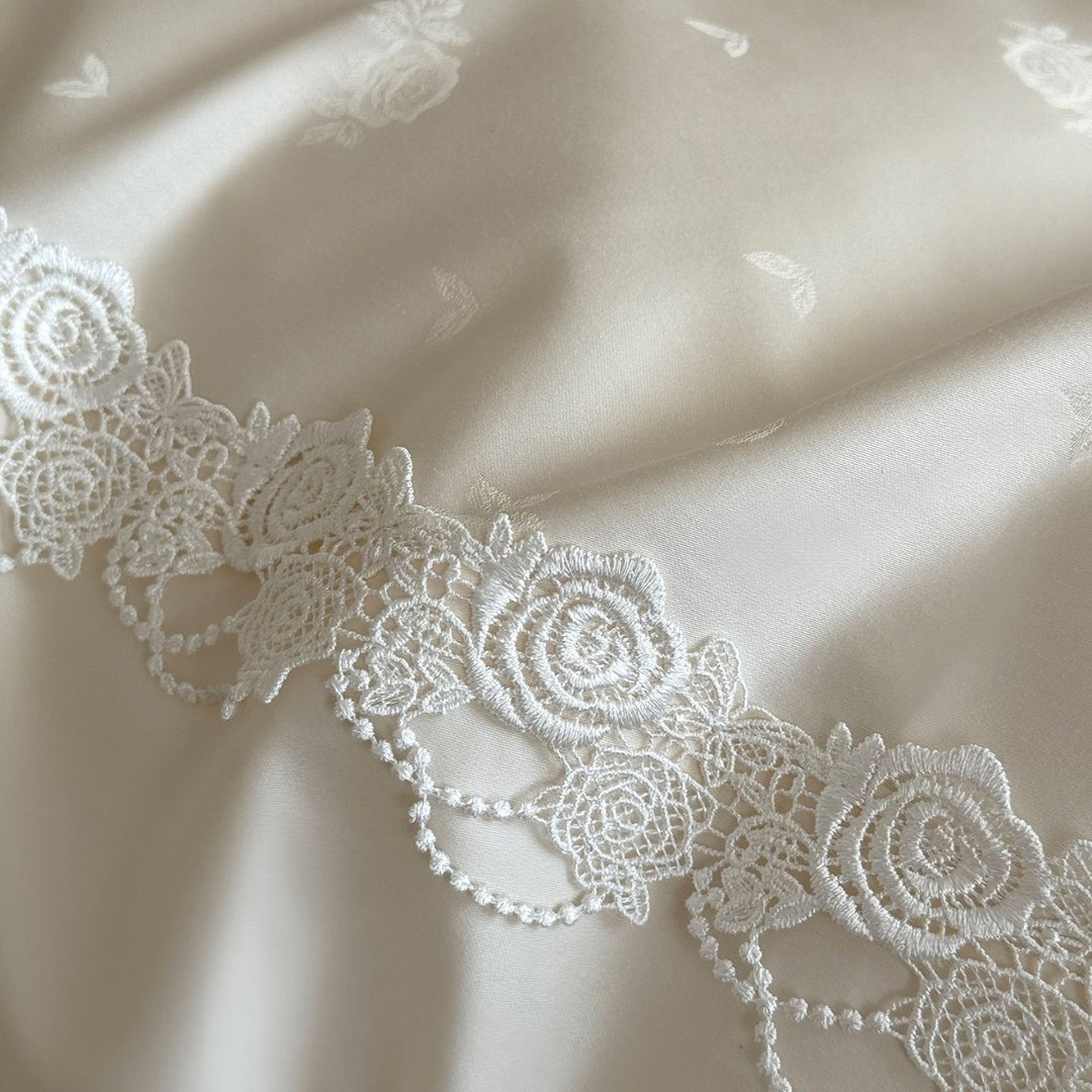 Ruffled Satin-Feel Duvet Cover Set with Delicate Rose Lace Border and Frilled Pillow Shams