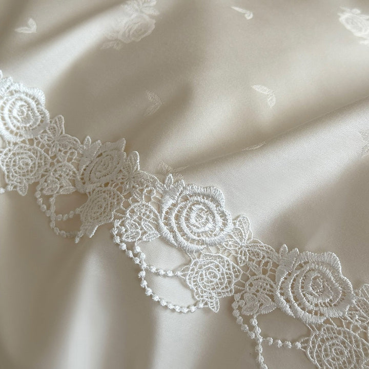 Ruffled Satin-Feel Duvet Cover Set with Delicate Rose Lace Border and Frilled Pillow Shams