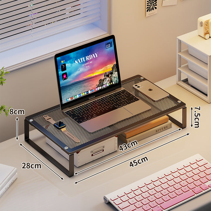 Metal Mesh Laptop and Monitor Riser Stand with Elevated Shelf and Under-Desk Storage